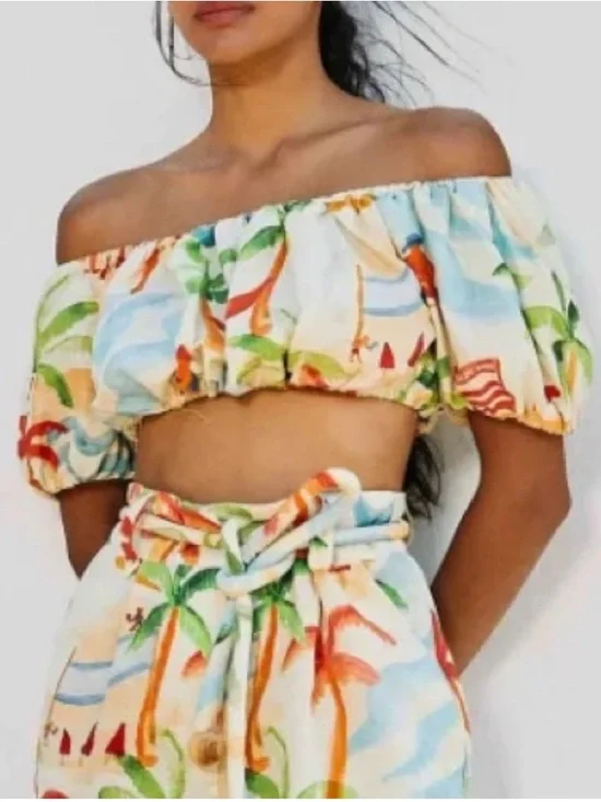 Farm Rio Copacabana Crop Top Medium NWT Off Shoulder Tropical Linen Blend - Picture 2 of 6